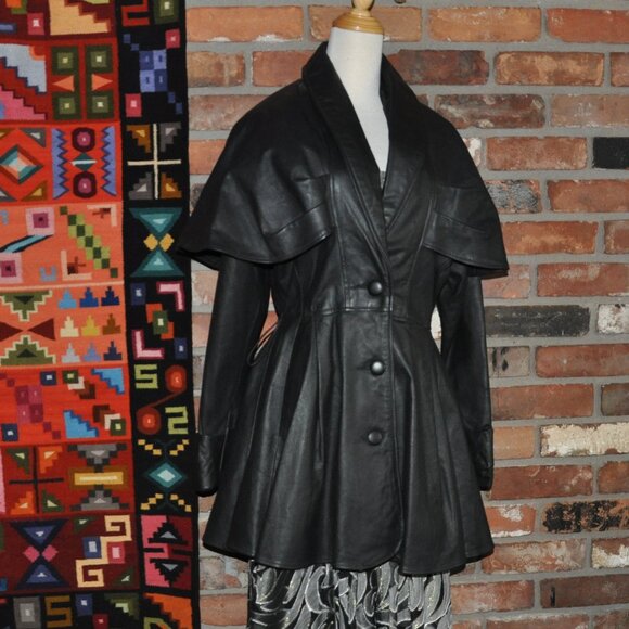 New Vintage 90s ADA Tailored Black Leather Jacket  Inverness Cape Dress Coat 7 M - Picture 7 of 13